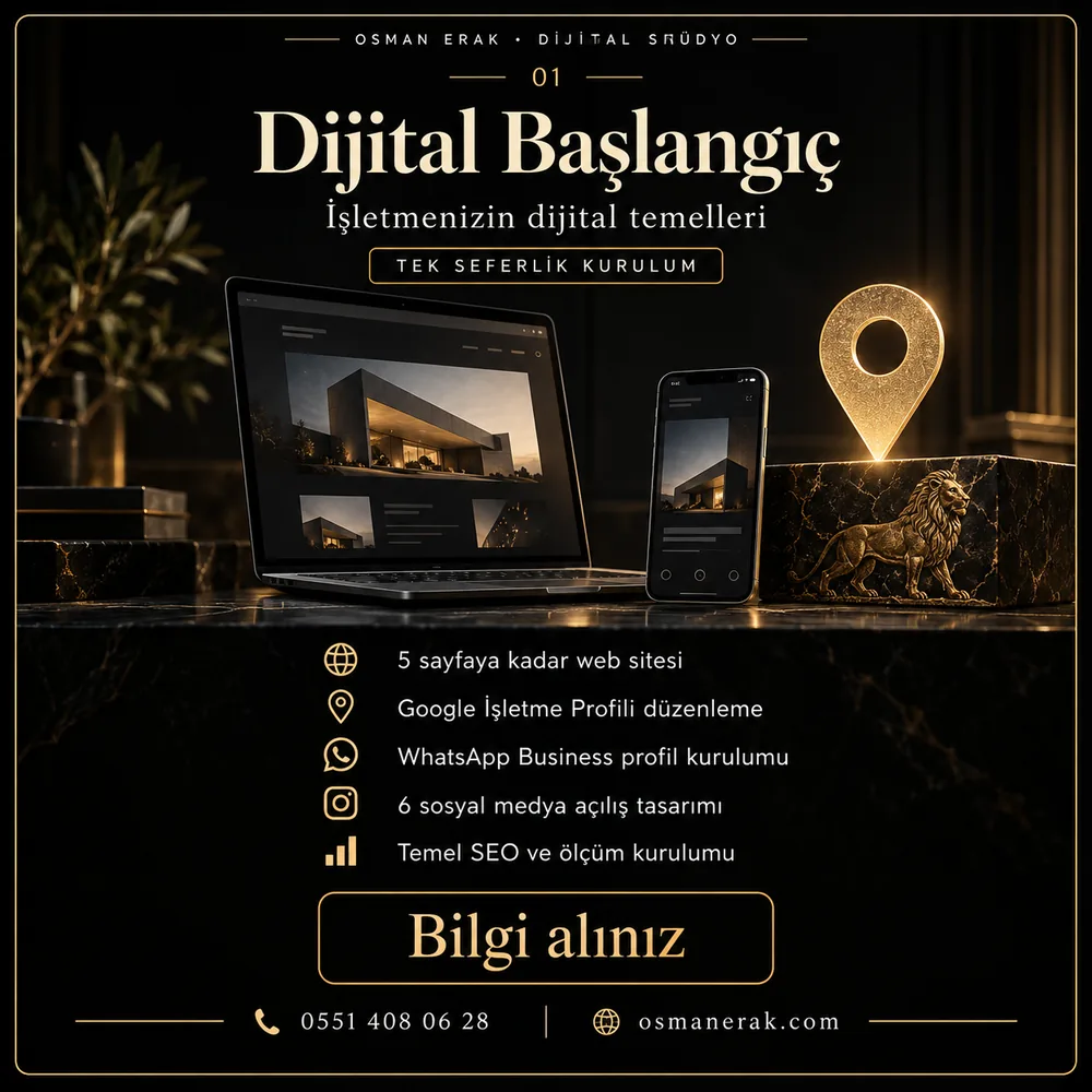 Dijital Başlangıç programı: 5 sayfaya kadar web sitesi, Google İşletme Profili, WhatsApp Business, 6 sosyal medya açılış tasarımı, temel SEO