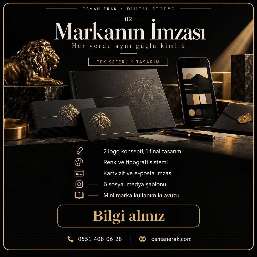 Markanın İmzası programı: 2 logo konsepti, renk ve tipografi sistemi, kartvizit ve e-posta imzası, 6 sosyal medya şablonu, marka kılavuzu