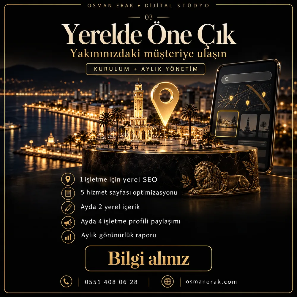 Yerelde Öne Çık programı: yerel SEO, 5 hizmet sayfası optimizasyonu, ayda 2 yerel içerik, ayda 4 işletme profili paylaşımı, aylık görünürlük raporu