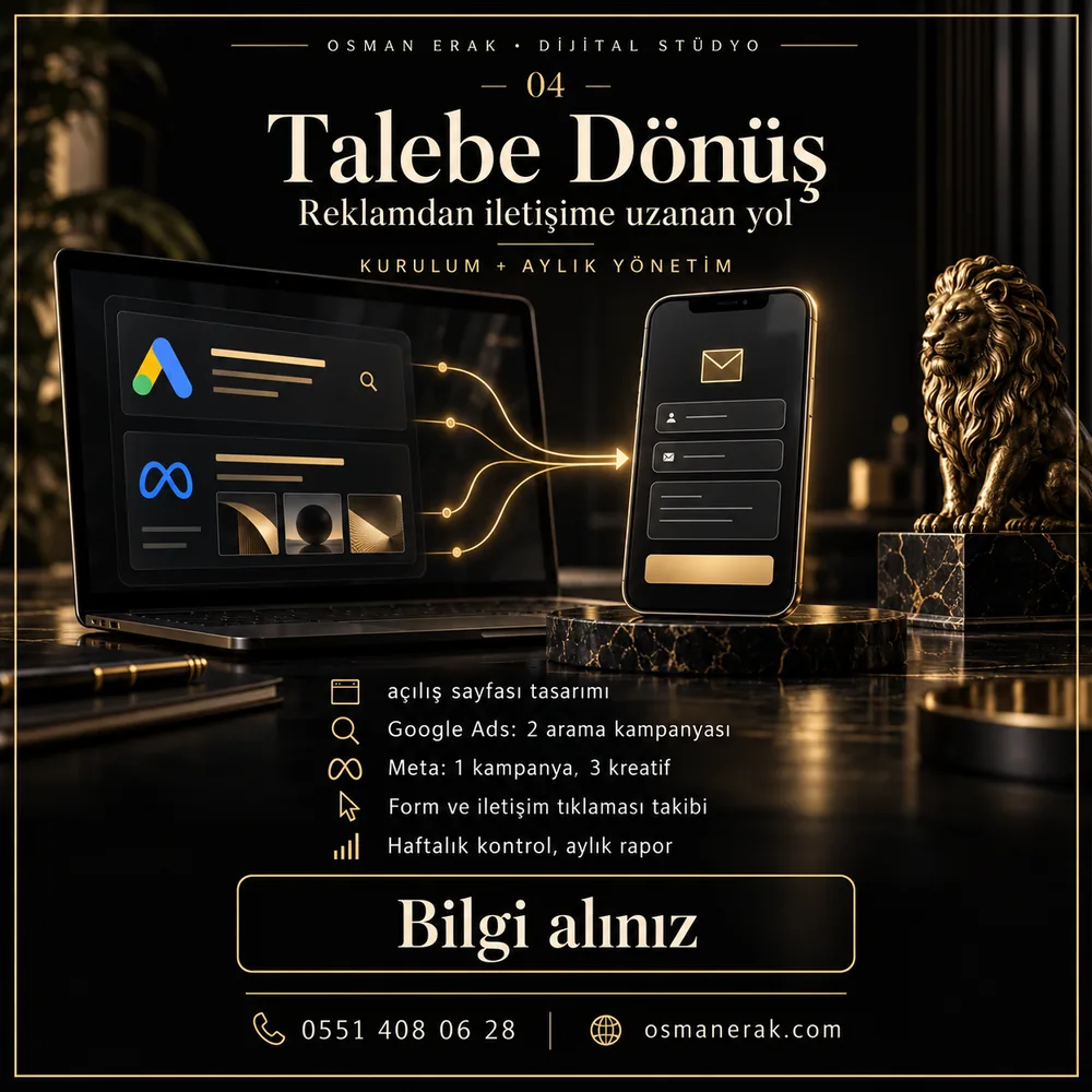 Talebe Dönüş programı: açılış sayfası, Google Ads ve Meta kampanyaları, form ve arama takibi, haftalık kontrol ve aylık rapor