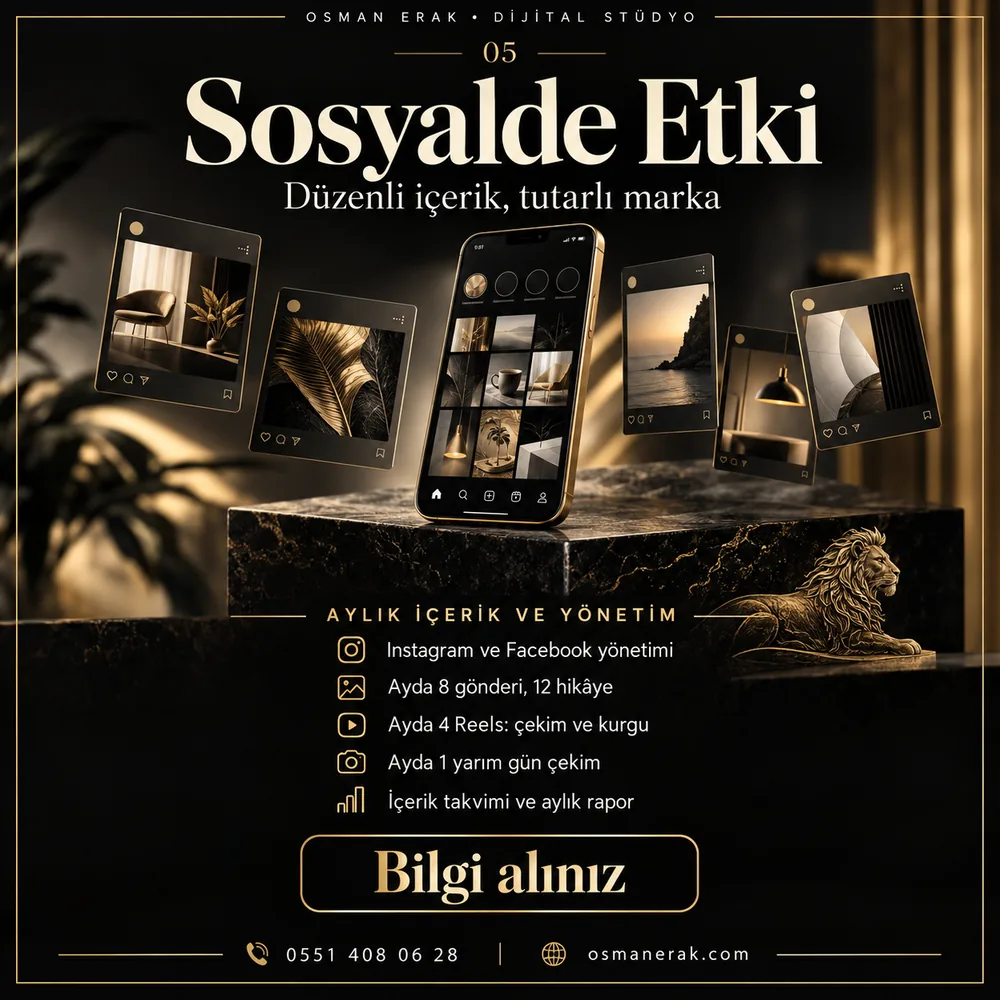 Sosyalde Etki programı: Instagram ve Facebook yönetimi, ayda 8 gönderi ve 12 hikâye, ayda 4 Reels, yarım gün çekim, içerik takvimi ve aylık rapor