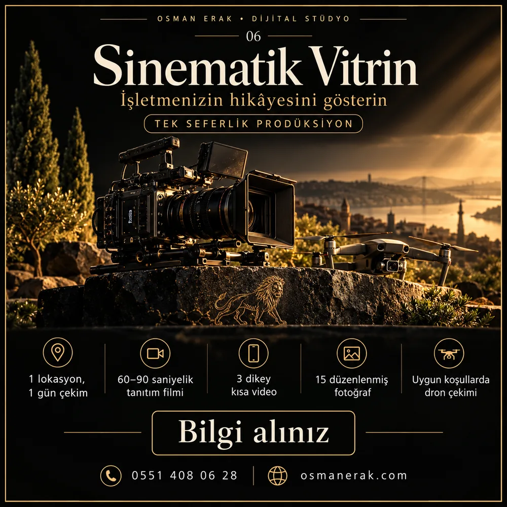 Sinematik Vitrin programı: 1 lokasyon 1 gün çekim, 60-90 saniyelik tanıtım filmi, 3 dikey kısa video, 15 düzenlenmiş fotoğraf, uygun koşullarda dron çekimi