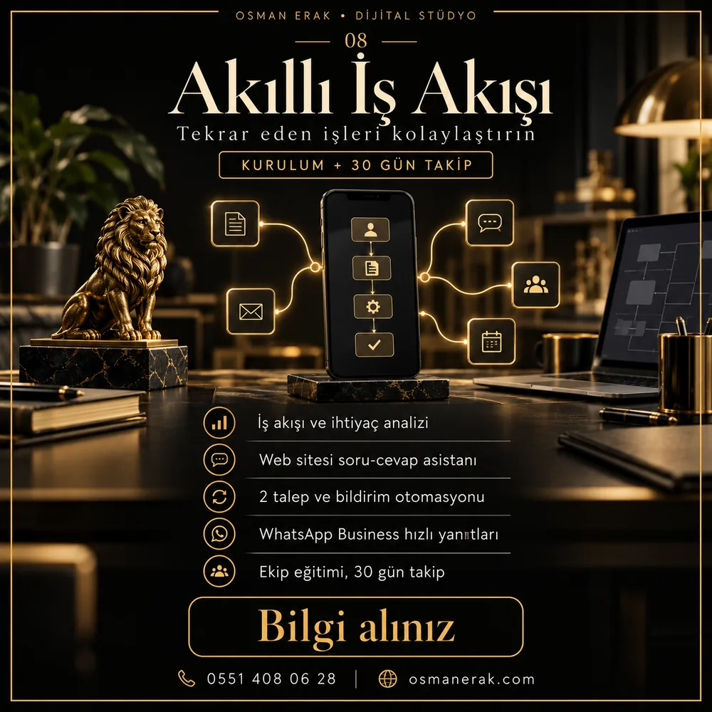 Akıllı İş Akışı programı: iş akışı analizi, web sitesi soru-cevap asistanı, 2 talep ve bildirim otomasyonu, WhatsApp Business hızlı yanıtlar, ekip eğitimi ve 30 gün takip
